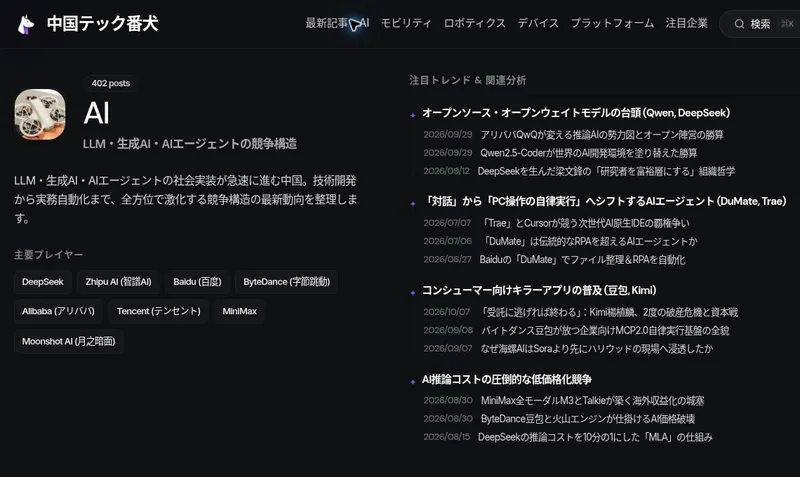 China Tech RadarのAI分野ページ。主要企業と関連分析をまとめた画面。