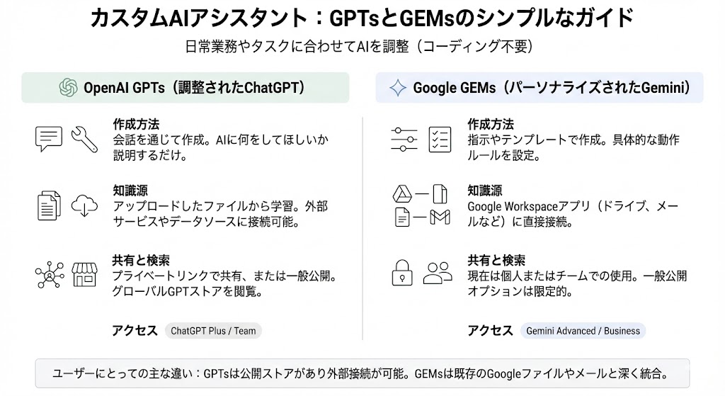 カスタムAIアシスタント:GPTsとGEMsのシンプルな比較ガイド